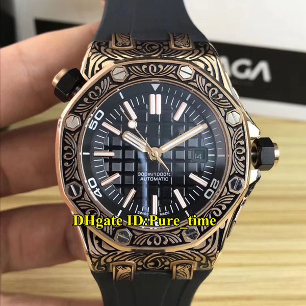 

version royal rose gold sculpture steel case black texture dial automatic mens watch black rubber 4 styles 15710 new watches, Slivery;brown