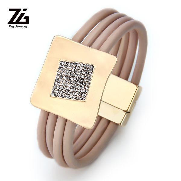 

zg multilayer gem stone wrap bracelets for women 2019 gift magnet buckle leather rhinestone bracelets bangles, Golden;silver