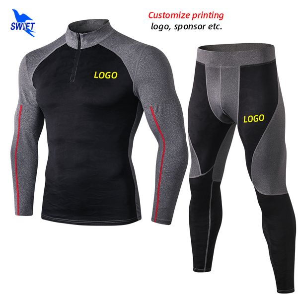 

customize men compression quick dry running set stretch long sleeve shirt+tights 2pcs sport suit gym fitness tracksuit, Black;blue