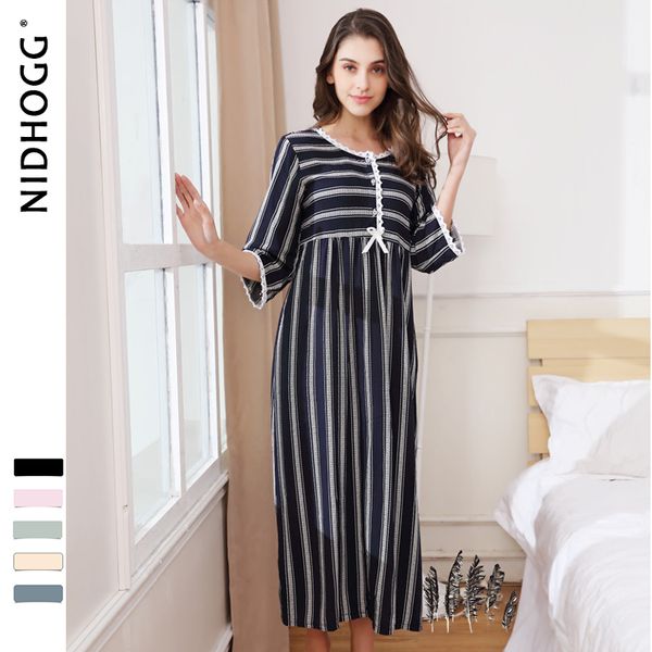 

women european long loose night gown cotton sleep wear nightgown three quarter sleeping dress round neck striped sleepshirts, Black;red