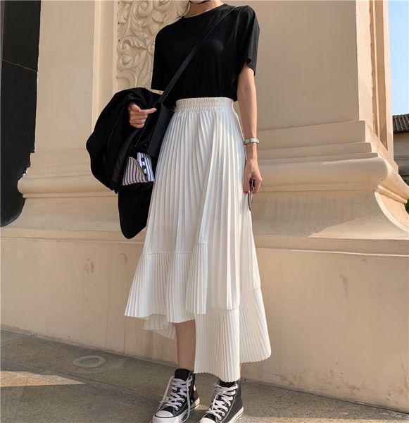 

chiffon pink ruffle women's long skirt high elastic waist irregular maxi skirts womens spring summer office clothes women, Black