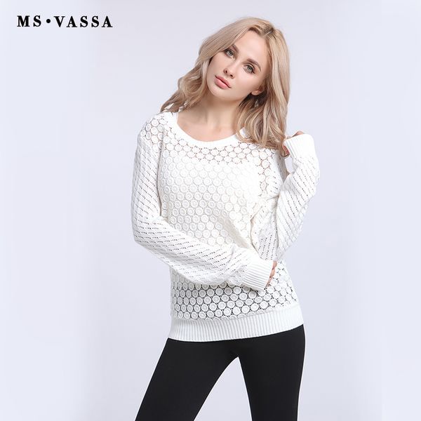 

ms vassa winter autumn 2017 new ladies hollow out sweaters o-neck pierced pullovers knitted long sleeve jumpers women sweaters, White;black