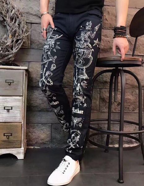 

european american and korean men's new fashion trend slimming straight straight tube black and white printed small leg trousers / 28-36, Blue