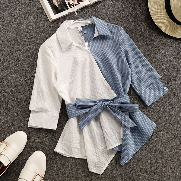 

2019 summer new arrival hit color vintage loose women asymmetrical with sash vertical striped shirt women ing, White
