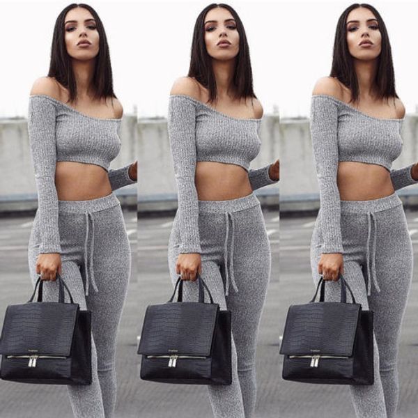 

new fashion long sleeve suit ladies women's cable knit leggings short crop lounge wear tracksuit lounge wear, White
