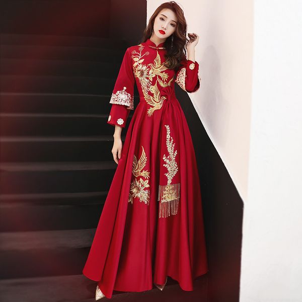 

chinese traditional embroidery long cheongsam dress vestidos chinos oriental qipao evening gowns classic party dress size s-xxl, Red