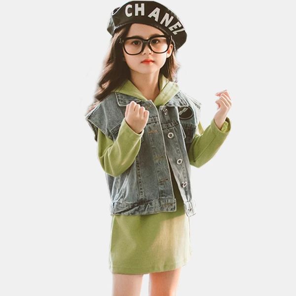 

new kids clothes denim vest jacket + hoodies dress 2pcs girls clothes long sleeve for girls casual spring suit for, White