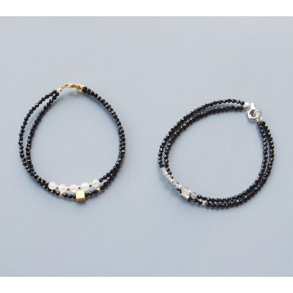 

liiji unique black spinels labradorite moonstone bracelet 925 sterling silver gold color bracelet for women men jewelry, Golden;silver