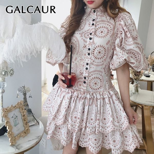 

galcaur hollow out women dress lapel puff sleeve button hit color slim ruffles mini dresses female spring fashion 2019 new, Black;gray
