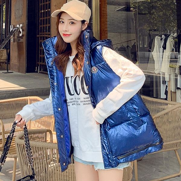 

jacket vest women waistcoat female sleeveless vest jacket hooded ladies warm 2019 autumn winter gold glossy female, Black;white