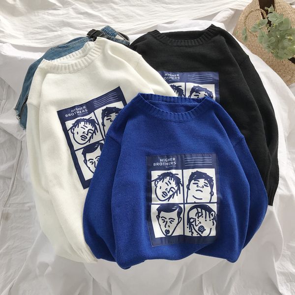 

winter new sweater men warm fashion printing casual o-neck knitted pullover man streetwear wild loose long-sleeved sweater male, White;black