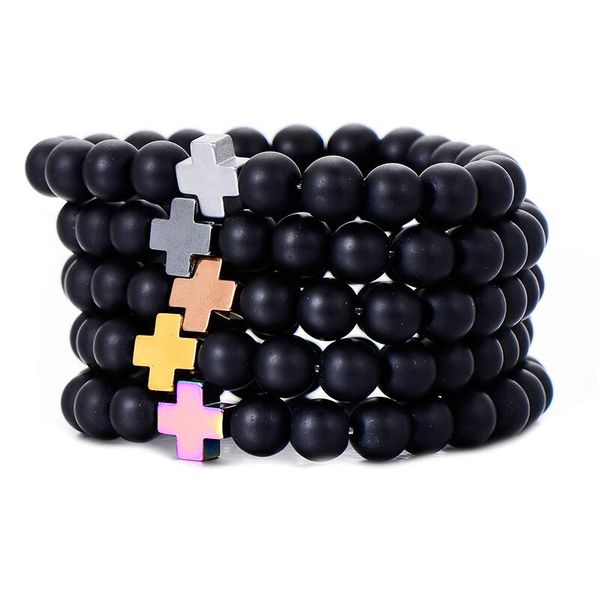 

fashionable hematite charm cross bracelet trendy black natural stone 8mm beads stretch bracelets bangles friendship jewelry, Golden;silver