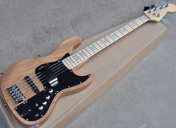 

natural wooc color 5 strings electric bass with ash body,black pickguard,can be customized as request