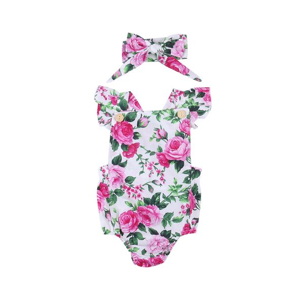 

2018 floral print cute fashion short sleeve square collar button newborn toddler baby girls bodysuit headband 2pcs outfit summer, Blue