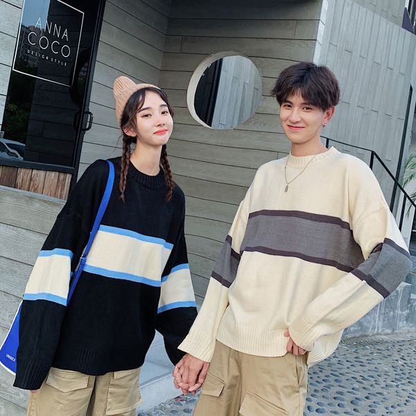 

2019 spring and autumn new youth popular color matching loose sweater fashion casual couple pullover black / white s-3xl, White;black