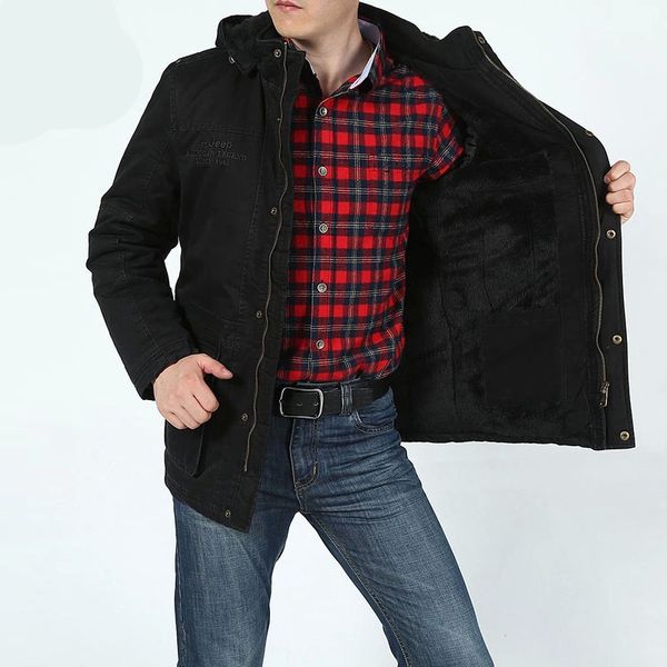 

winter parka men army jacket casual mid-long multi-pockets jackets men winter coat male hooded collar thick warm windbreaker pop, Black
