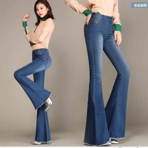 

2019 ropavintage spring and autumn big flared pants cowgirl trousers stretch large size 26-32 high waist women's jeans lj24, Blue