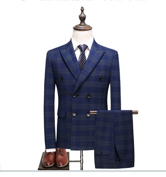

blue plaid suit for men (jacket +vest+pant) 2019 new party wedding suits men costume mariage homme check male suit designs, White;black