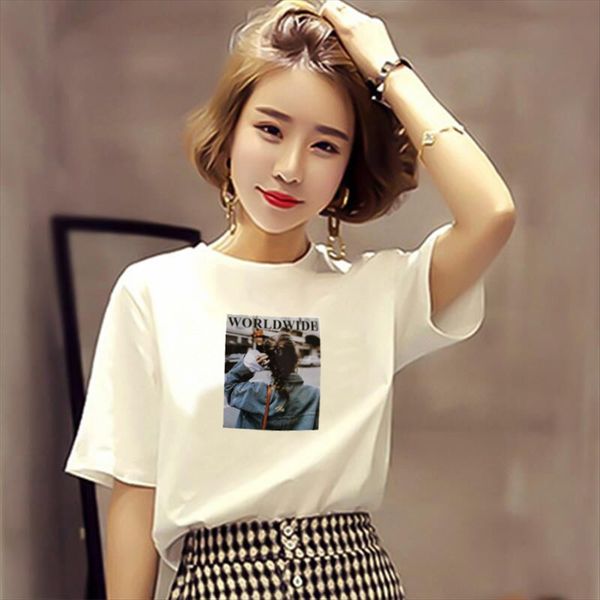 

2019 round collar white short sleeve summer korean female t- t- shirt pattern student couple loose large size base shirt