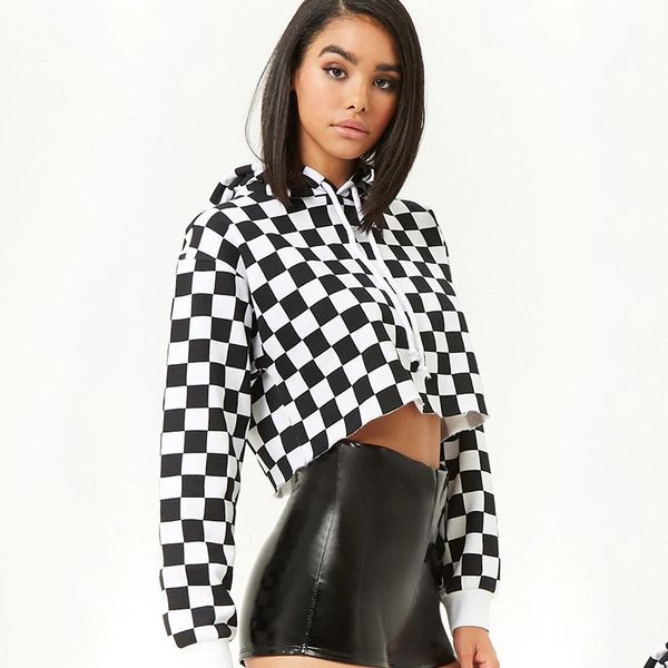 

black and white plaid girls hoodies autumn harajuku sweatshirt women fashion short clothes molleton lady streetwear hoody