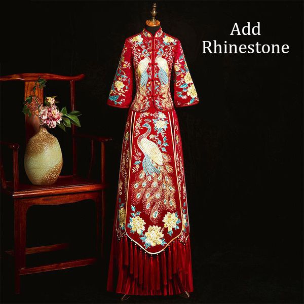 

suzhou embroidery qipao chinese red women bride wedding dress exquisite rhinestone vestidos oriental stage show clothing