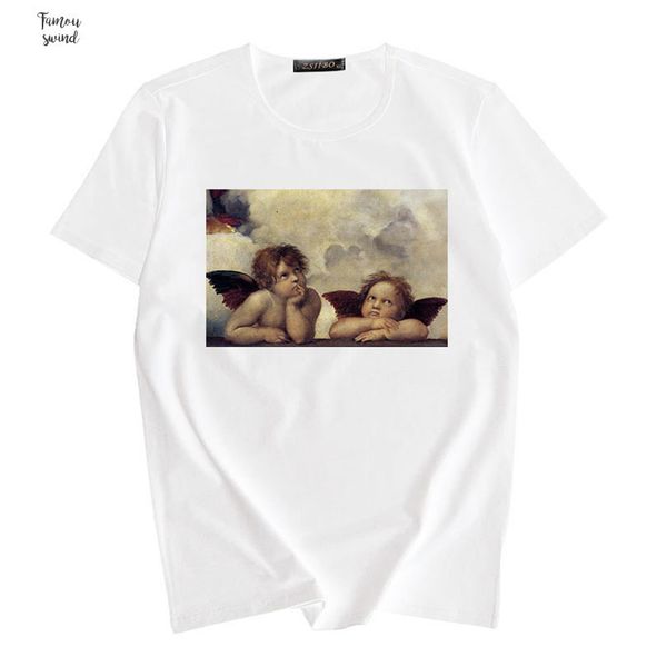 

cute t shirt angel oil painting print female summer fashion loose casual print funny kawaii ulzzang tumblr women harajuku clothing, White