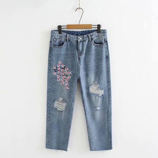 

джинсовый материал женские брюки цветочная вышивка синие джинсы свободные рваные длинные брюки женские джинсы, Blue