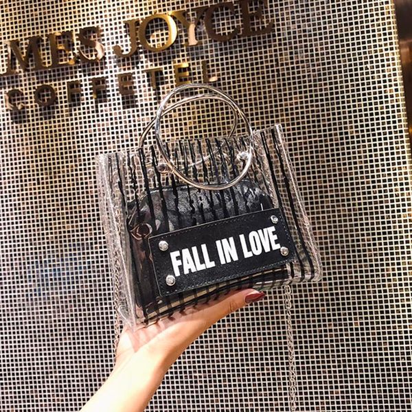 

transparent female bag 2019 summer handbag quality pvc stripe round ring women bag sweet jelly chain shoulder messenger