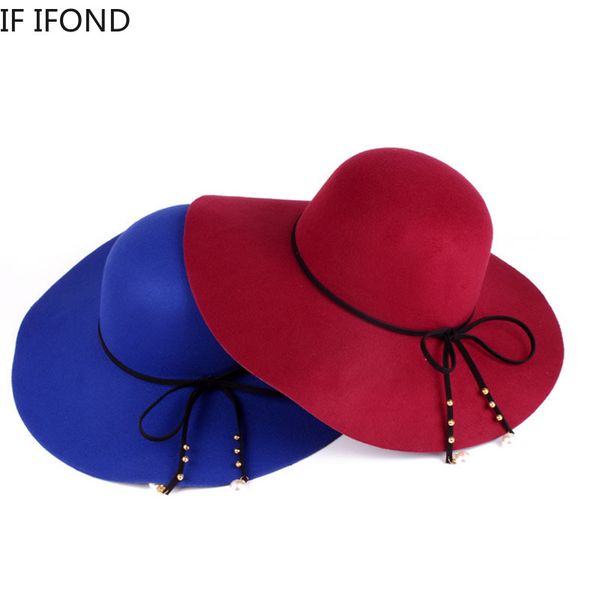 

wool felt fedoras hat solid ladies floppy cloche wide brim dome cap, Blue;gray