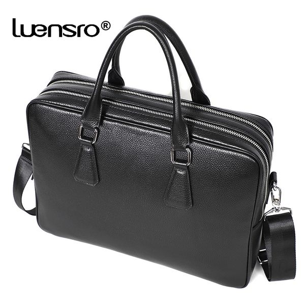 

double zipper briefcase men bag genuine leather shoulder bag 14 inch lapbags large capacity handbag business men's briefcase