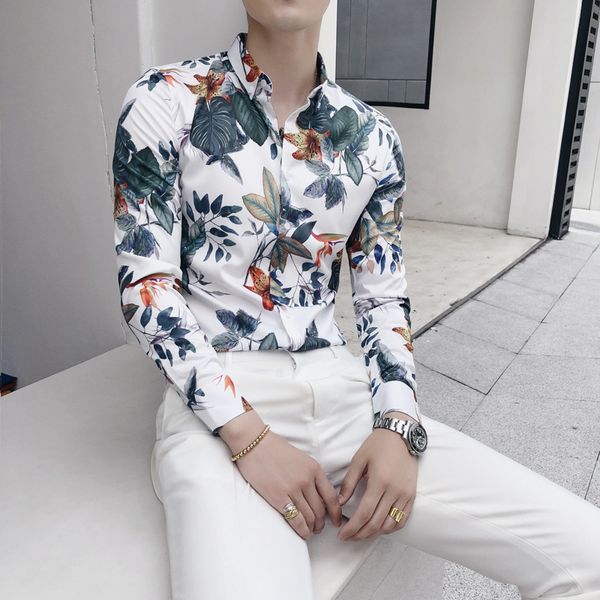 

2019 brand streetwear hawaiian shirt men long sleeve slim fit mens shirts camisa social masculina floral print casual shirts, White;black