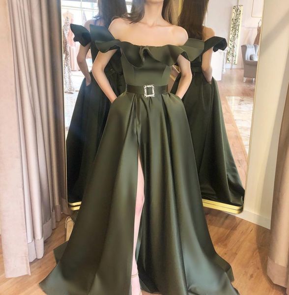 

2021 hunter green satin ruffles off the shoulder prom dresses long arabic evening gowns high split party formal dress, Black