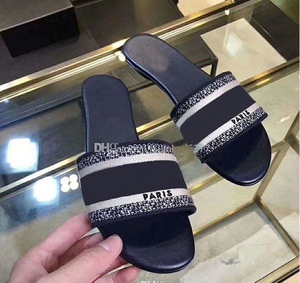 

2020summer luxury designer flip flops flat embroidery sandals designer sandals women sandals with correct flower designer slide shoes box, Black