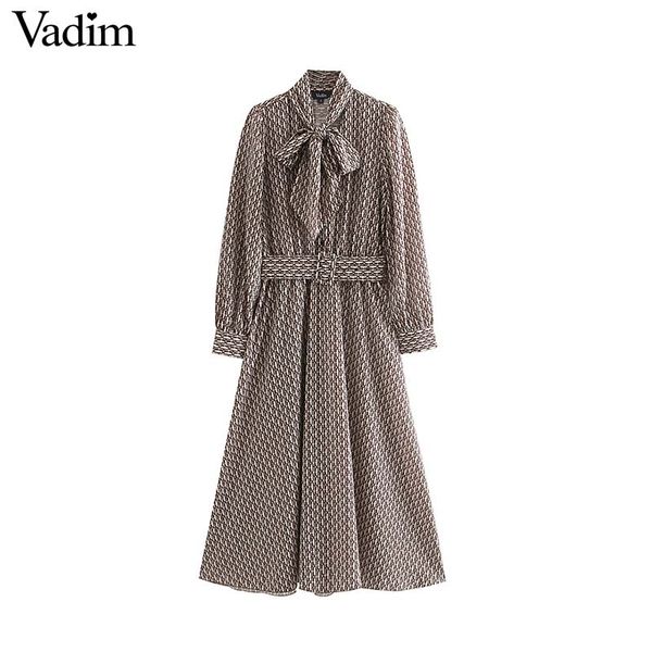 

vadim women retro chains pattern maxi dress bow tie collar sashes long sleeve female casaul elegant dresses vestidos qc864, Black;gray