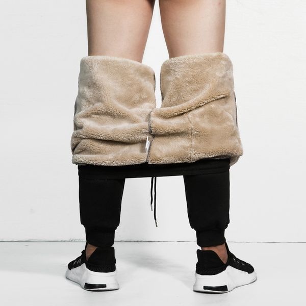 

cargo men's super winter warm pants outside fleece joggers thicken sweatpants heavy weight zipper trousers windbreaker men loose, Black