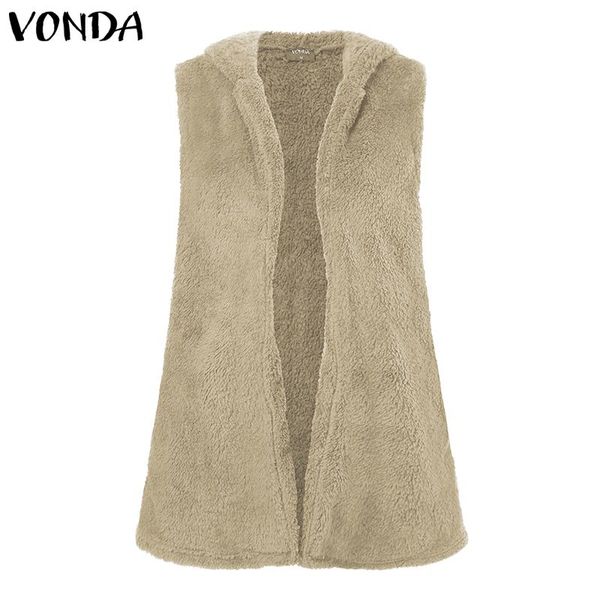 

vonda women casual sleeveless shaggy coats 2019 winter solid color waistcoats fleece plus cardigan hoodies female overcoats 5xl, Black;brown