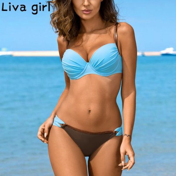 

лива девушка светло-синий бикини push up проложенный купальник бандо купальники сексуальный monokini купальный костюм бразильский biquini пл