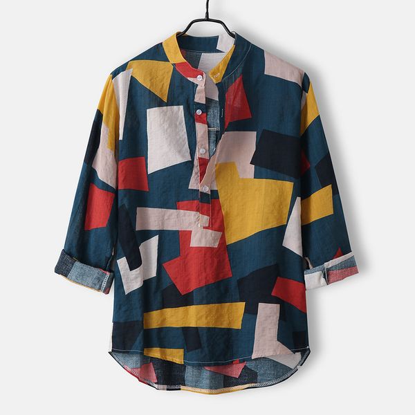 

casual mens shirts hawaiian blouse long sleeve roll up sleeve turn down collar button streetwear geometric print chemise homme, White;black