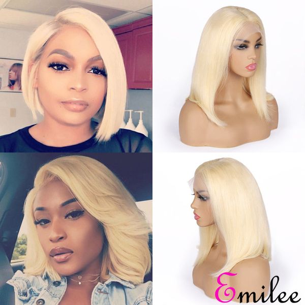 

emilee 613 bob wig blonde straight bob wig brazilian human remy hair 613 short half wig 14 inch pre plucked, Black;brown