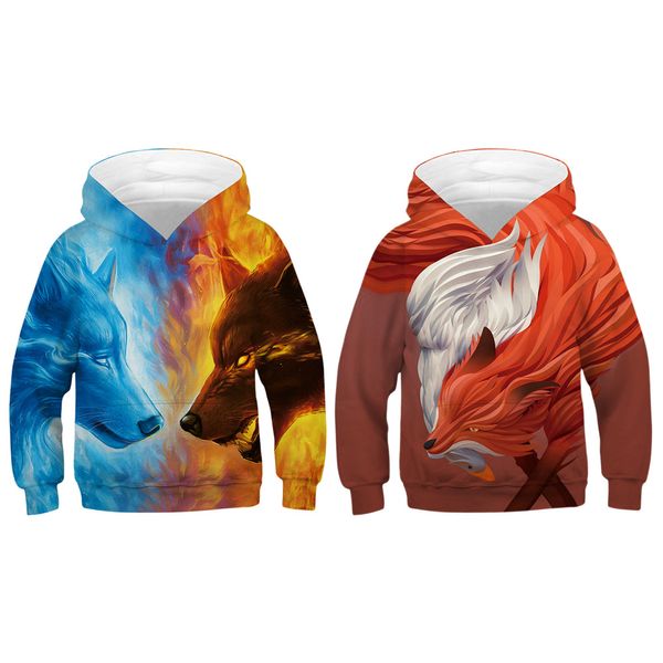 

kids hoodies teen girls boys clothes wolf fox lion king 3d animal digital print children sweatshirt long sleeve hooded girl, Black