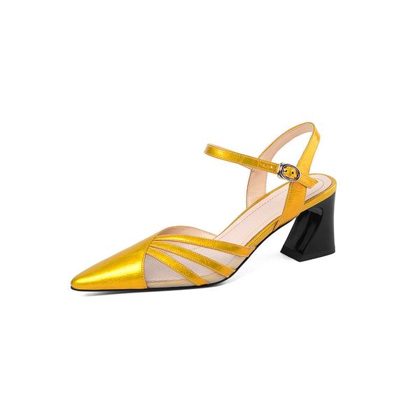 

high heels sandals for women thick heels real leather summer shoes with buckle strap gold silver fashion ladies shoes, Black