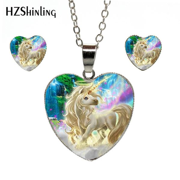 

new arrival unicorn art p pendant heart necklace fairy tale pendant fantasy heart earrings lovely unicorn heart jewelry set, Slivery;golden