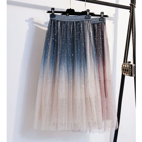 

2020 womens clothing korean style gradient starry sky mesh skirt summer fashion elaistic waist tulle mesh skirt jupe tulle femme, Black