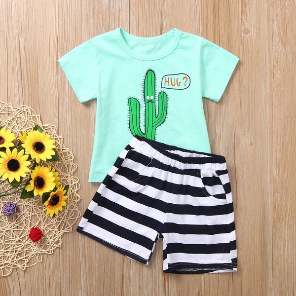 

toddler baby boys clothes 2019 boys cartoon printed shirt + striped shorts pjs outfits set children clothes, White