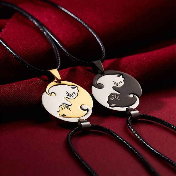 

necklace women jewelry long chain gold necklace choker statement couple black white cat pendant titanium steel, Silver