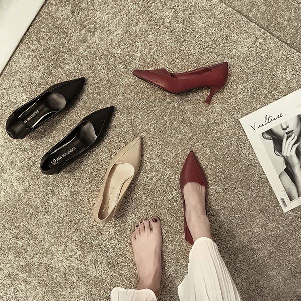 

2020 spring women pumps leather high heel 6 cm pointy toe work shoes lady office casual weekly all match ol shoes, Black