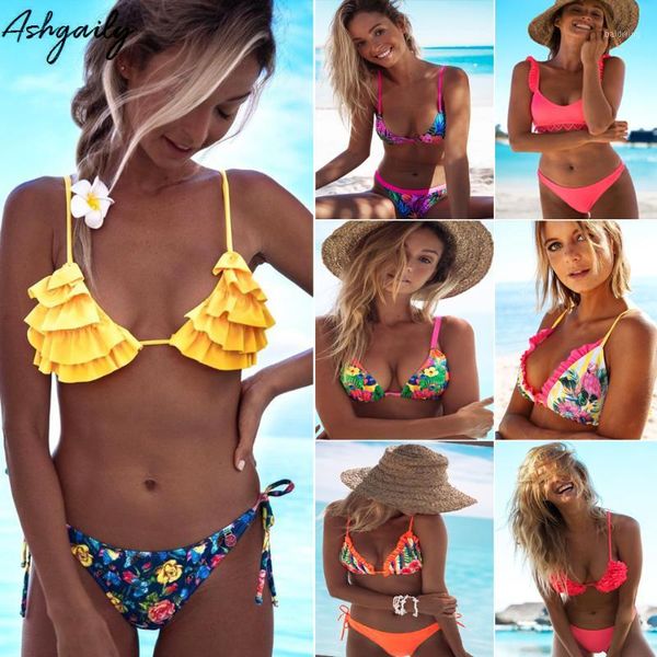 

women's swimwear 2021 brazilian bikini women halter push up set swimsuit female floral print bandage biquini bathing suit1, White;black