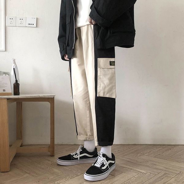 

mixcubic 2019 spring korean style unique stitching mixed colors pants men casual loose drawstring splice pants for men,m-xxl, Black