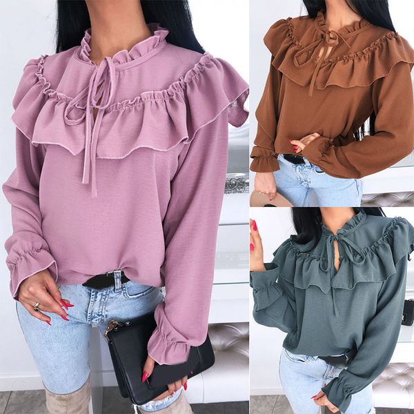 

ruffles long sleeve bow lace up blouse women korean spring summer elegant streetwear female 2020 casual solid blouses ladies, White