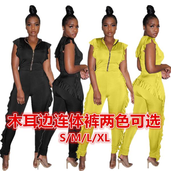 

designer swimsuit yt3130 european and american fashion womens wooden ear chest zip jumpsuit, Black;gray